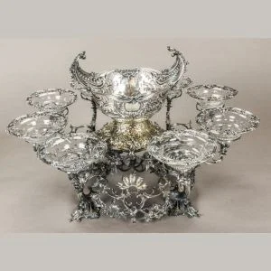 A George II sterling silver and silverplate eight-arm basket epergne, Thomas Gilpin, London, ca. 1757–58. Sold $30,000